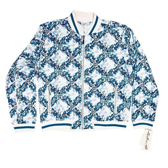 NEW Lulu-B UPF 50 Blue White Geometric Parsley Print Smooth Full Zip Jacket S - Picture 1 of 12